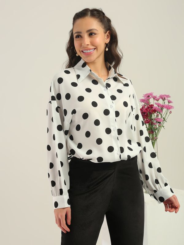 Globus Women White Polka Dots Collared Neck Cuffed Sleeves Curved Hem Shirt