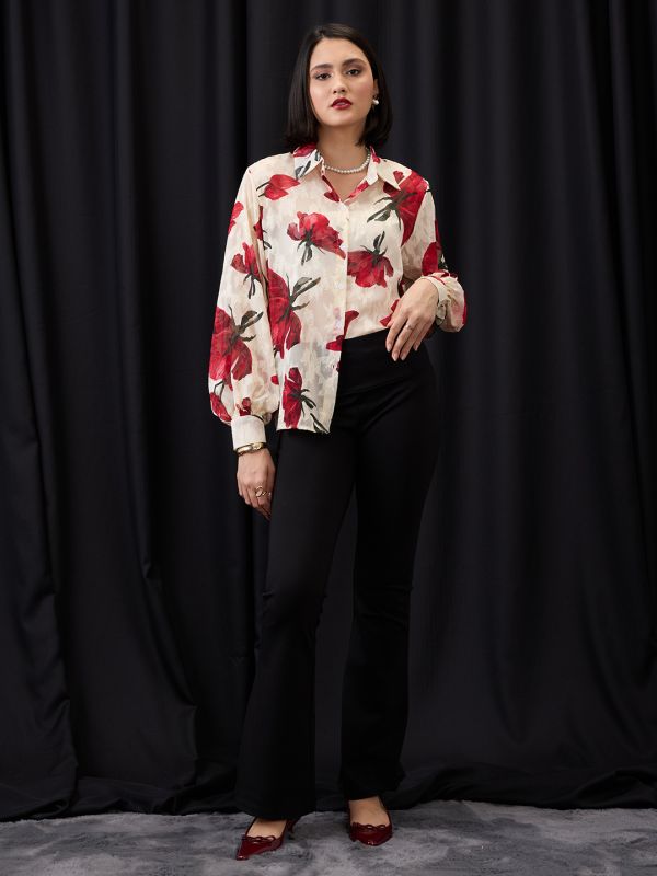 Globus Women White & Red Collared Neck Cuffed Sleeves Floral Print Jacquard Party Shirt