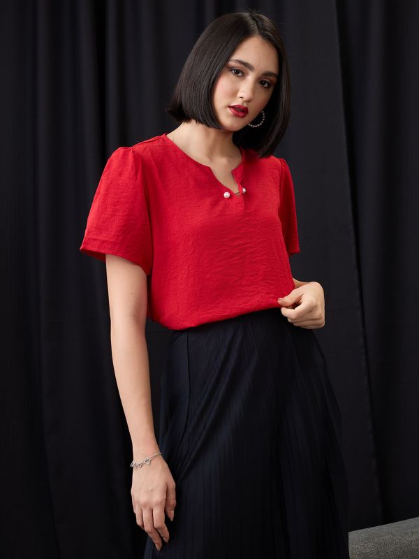 Globus Women Red V-Neck Puff Sleeves Solid Pearl Detail Top