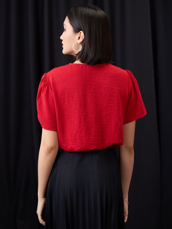 Globus Women Red V-Neck Puff Sleeves Solid Pearl Detail Top