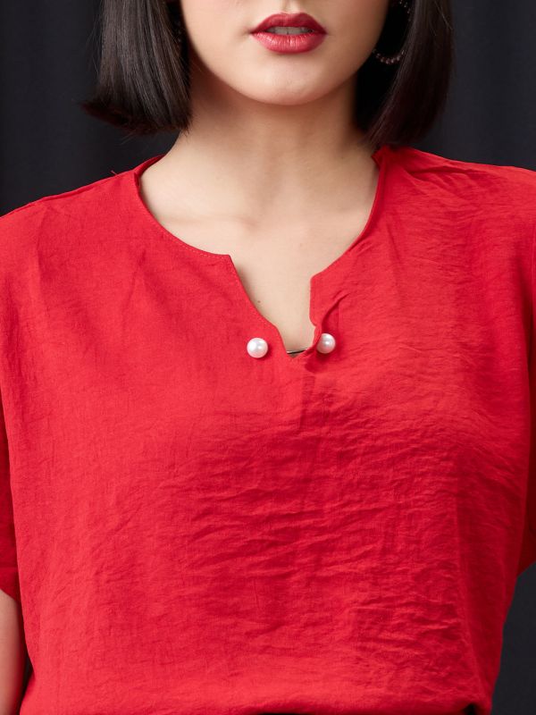 Globus Women Red V-Neck Puff Sleeves Solid Pearl Detail Top
