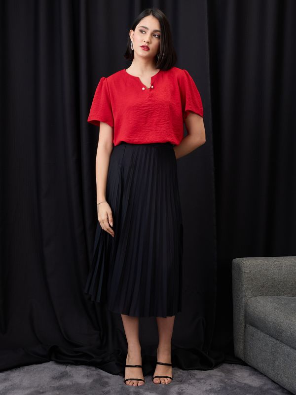 Globus Women Red V-Neck Puff Sleeves Solid Pearl Detail Top