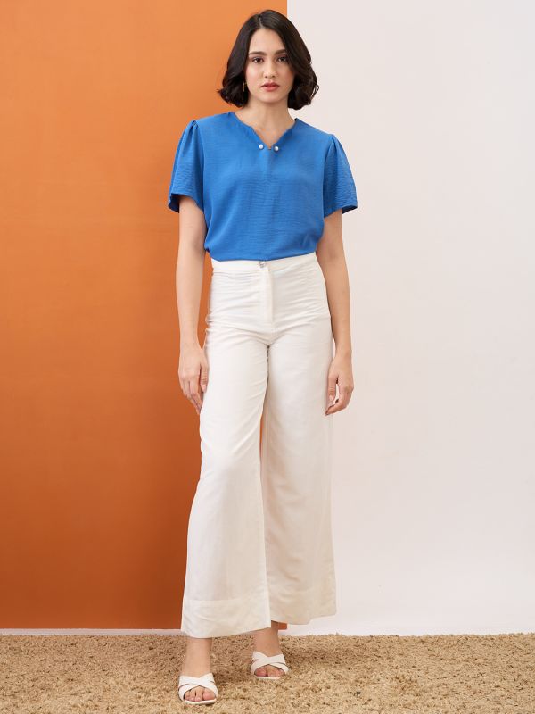 Globus Women Blue V-Neck Puff Sleeves Solid Pearl Detail Top