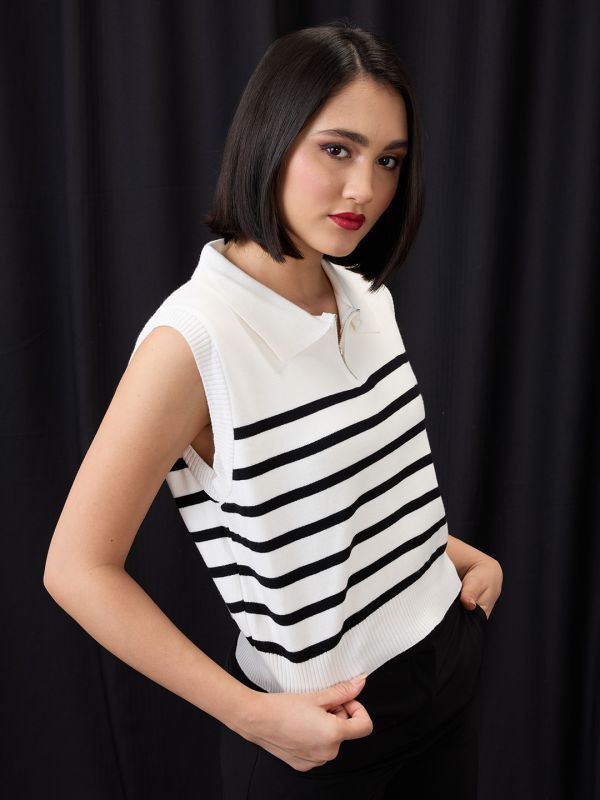 Globus Women White Zippered Shirt Collar Striped Flat Knit Ribbed Vest Top