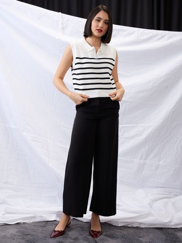 Globus Women White Zippered Shirt Collar Striped Flat Knit Ribbed Vest Top
