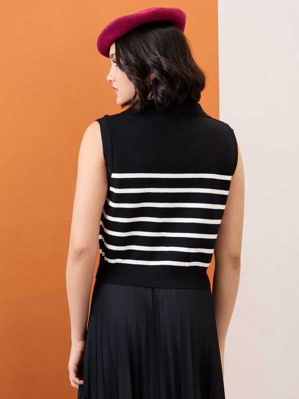 Globus Women Black Zippered Shirt Collar Striped Flat Knit Ribbed Vest Top