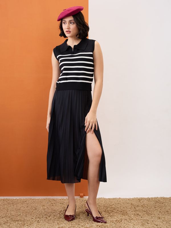 Globus Women Black Zippered Shirt Collar Striped Flat Knit Ribbed Vest Top