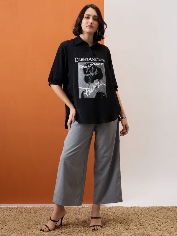 Globus Women Black Collared Neck Graphic Print High Low Hem Oversized Shirt Style Top