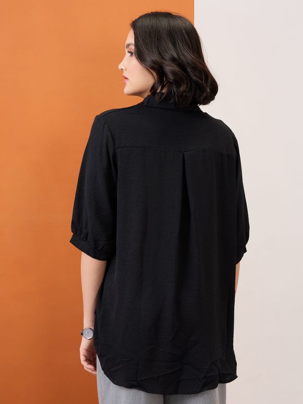 Globus Women Black Collared Neck Graphic Print High Low Hem Oversized Shirt Style Top