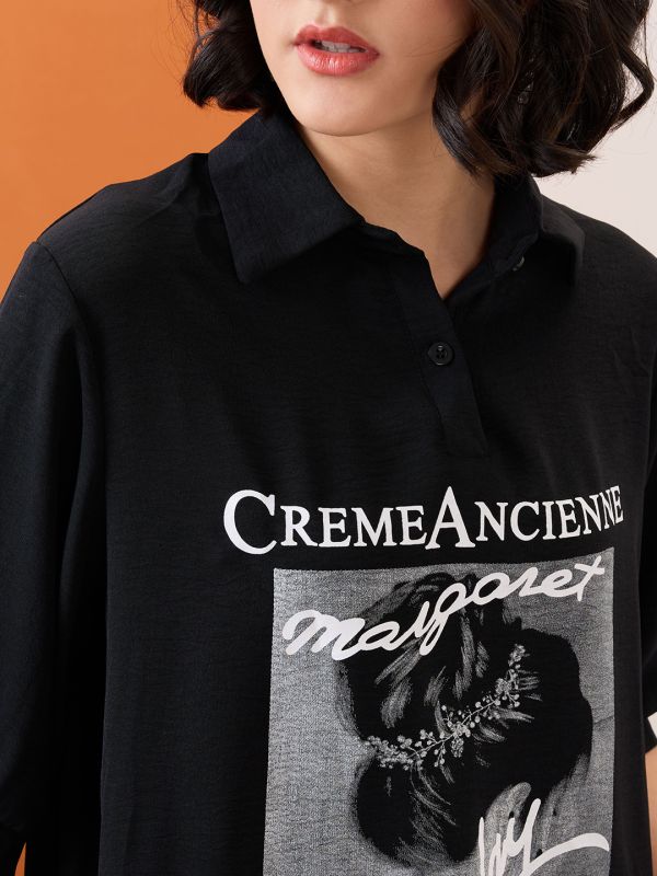 Globus Women Black Collared Neck Graphic Print High Low Hem Oversized Shirt Style Top