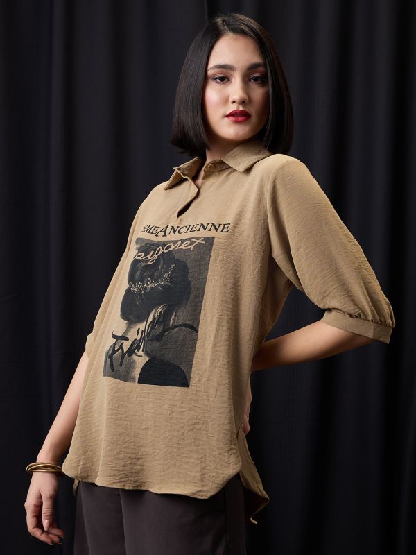 Globus Women Brown Collared Neck Graphic Print High Low Hem Oversized Shirt Style Top