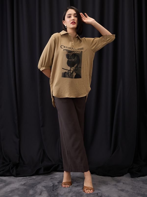 Globus Women Brown Collared Neck Graphic Print High Low Hem Oversized Shirt Style Top