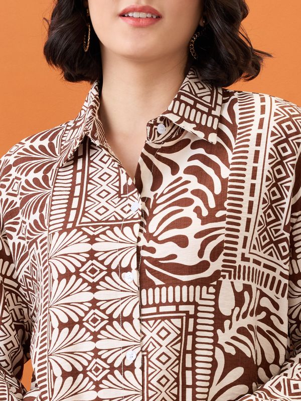 Globus Women Brown Collared Neck Cuffed Sleeves Tribal Print Oversized Shirt