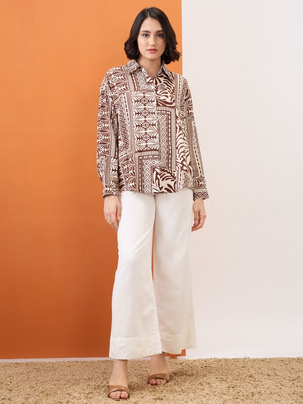 Globus Women Brown Collared Neck Cuffed Sleeves Tribal Print Oversized Shirt