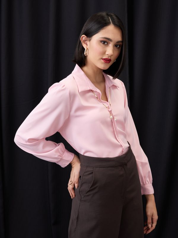 Globus Women Pink Collared Neck Cuffed Sleeves Chain & Pearl Detail Shirt Style Workwear Top