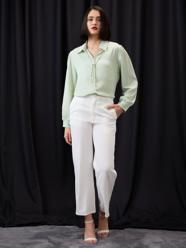 Globus Women Green Collared Neck Cuffed Sleeves Chain & Pearl Detail Shirt Style Workwear Top