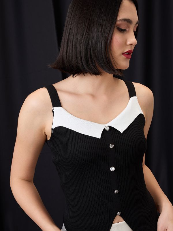 Globus Women Black Round Neck Strappy Sleeves Asymmetric Hem Ribbed Vest Top