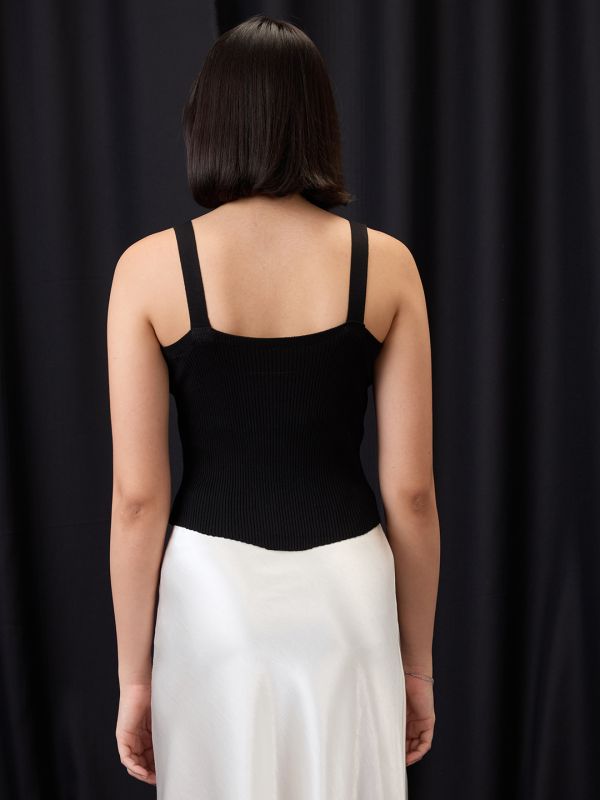 Globus Women Black Round Neck Strappy Sleeves Asymmetric Hem Ribbed Vest Top