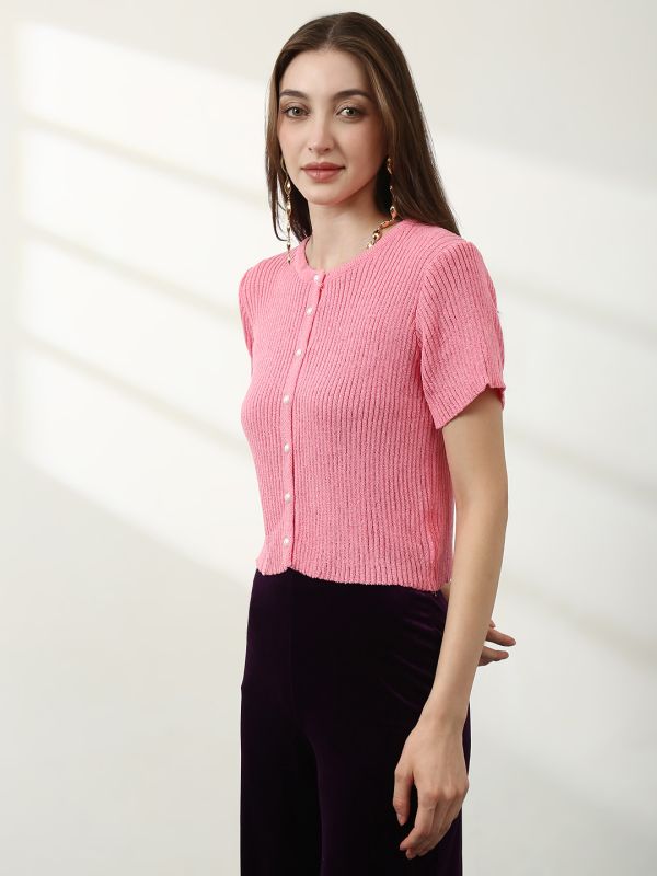 Globus Women Pink V-Neck Short Sleeves Self Design Top
