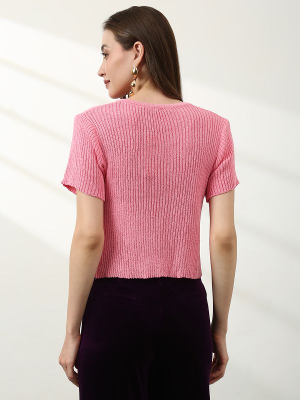 Globus Women Pink V-Neck Short Sleeves Self Design Top