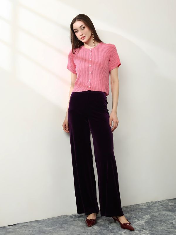 Globus Women Pink V-Neck Short Sleeves Self Design Top