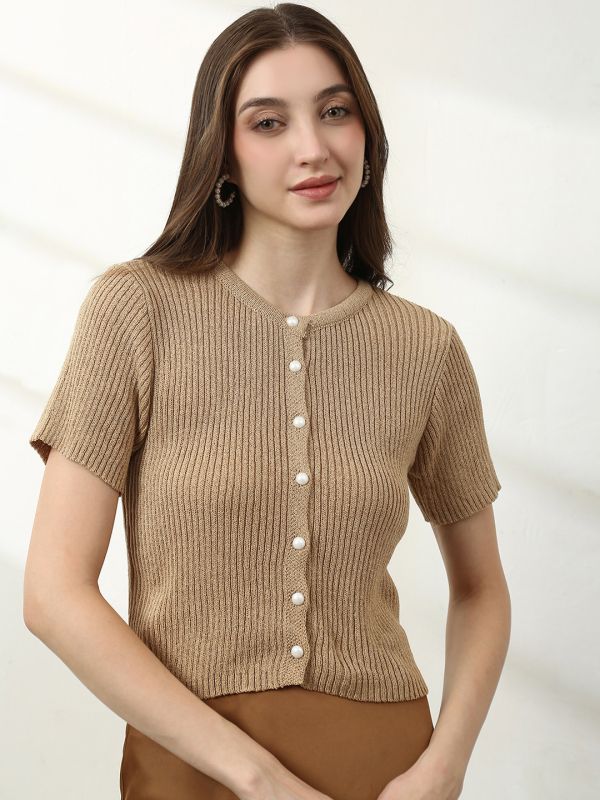Globus Women Khaki V-Neck Short Sleeves Self Design Top