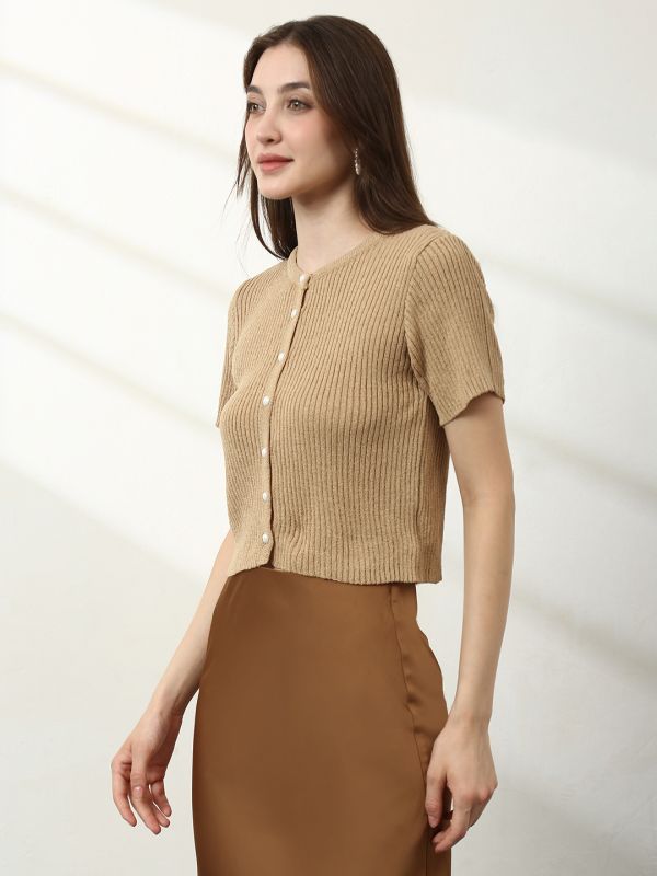 Globus Women Khaki V-Neck Short Sleeves Self Design Top