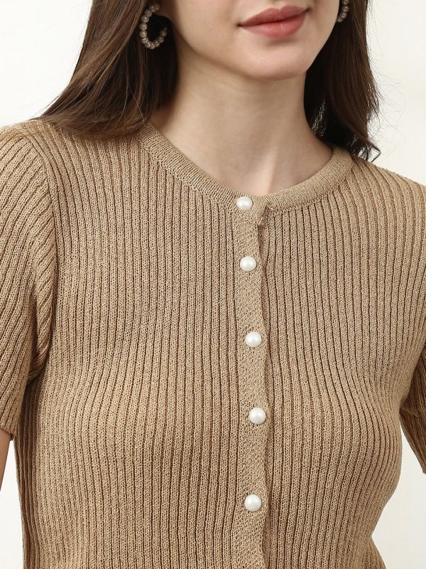 Globus Women Khaki V-Neck Short Sleeves Self Design Top