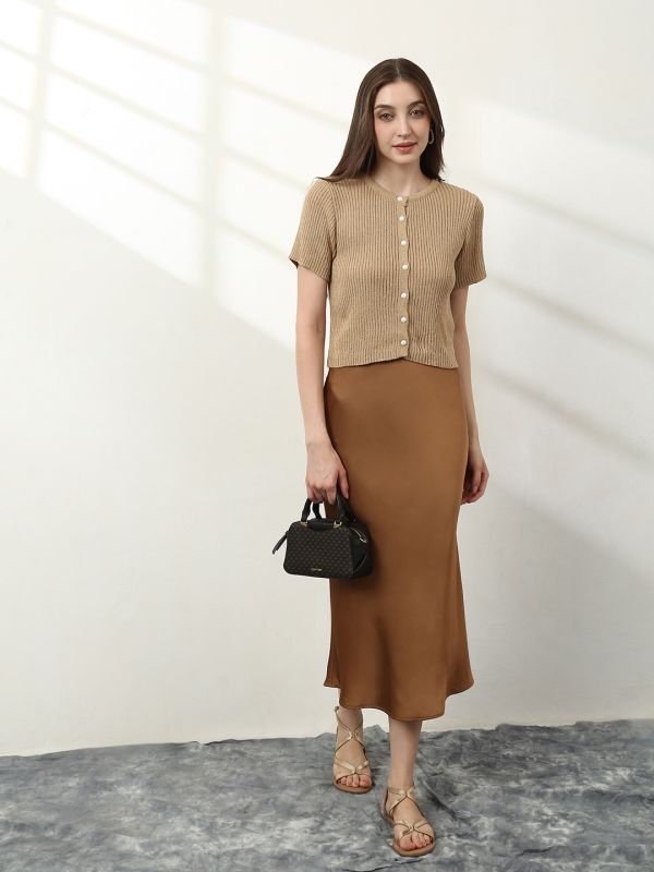 Globus Women Khaki V-Neck Short Sleeves Self Design Top