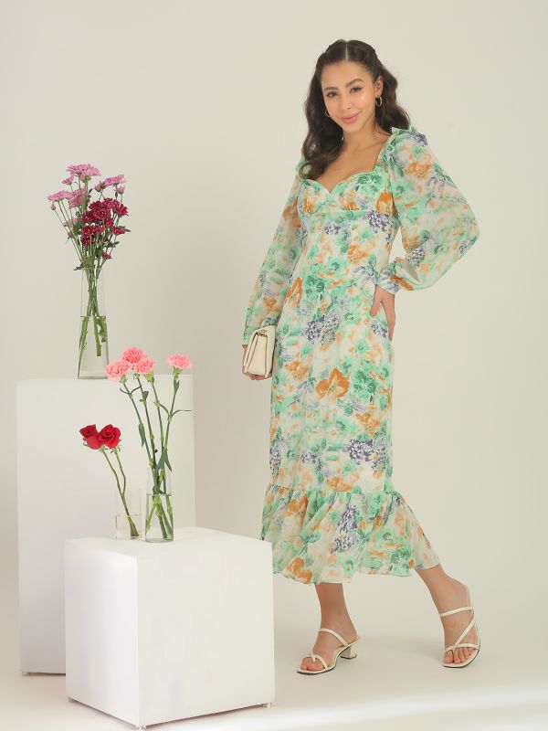 Globus Women Green Sweetheart Neck Frill Detail Puff Sleeves Floral Print Midi Bodycon Corset Party Dress