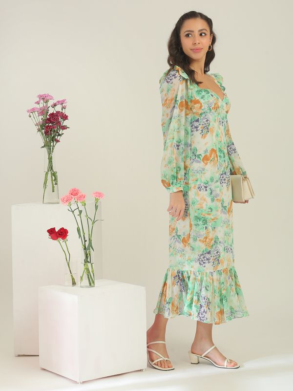 Globus Women Green Sweetheart Neck Frill Detail Puff Sleeves Floral Print Midi Bodycon Corset Party Dress