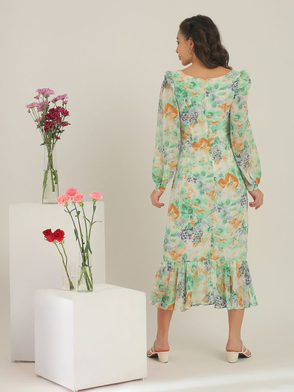 Globus Women Green Sweetheart Neck Frill Detail Puff Sleeves Floral Print Midi Bodycon Corset Party Dress