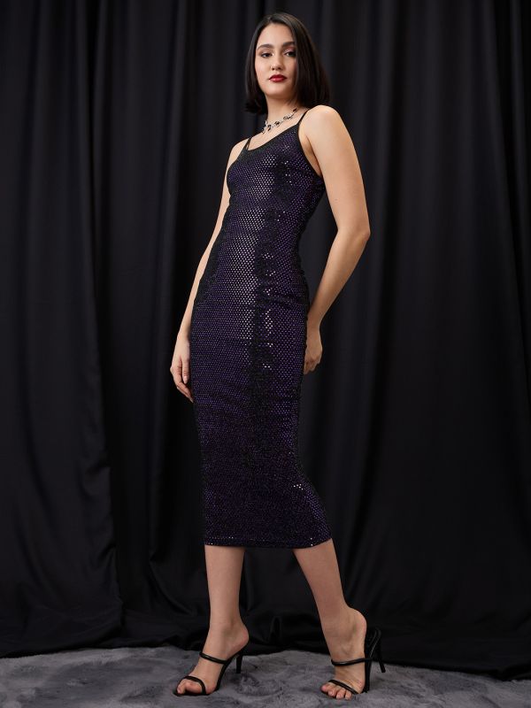 Globus Women Purple Scoop Neck Strappy Shoulder Embellished Midi Bodycon Party Dress