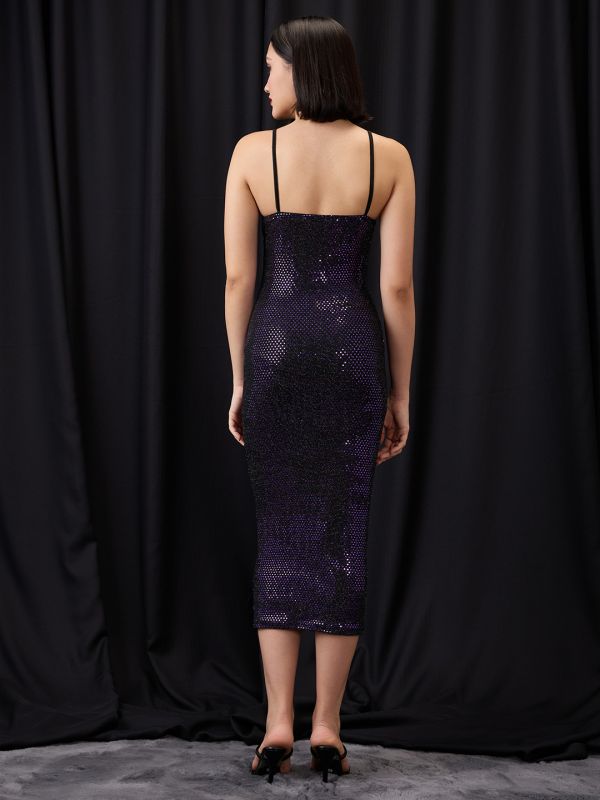 Globus Women Purple Scoop Neck Strappy Shoulder Embellished Midi Bodycon Party Dress