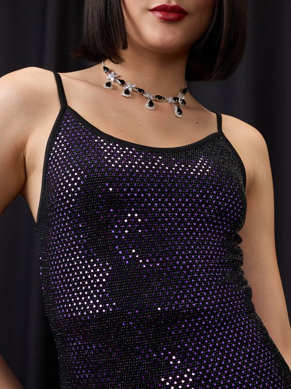 Globus Women Purple Scoop Neck Strappy Shoulder Embellished Midi Bodycon Party Dress