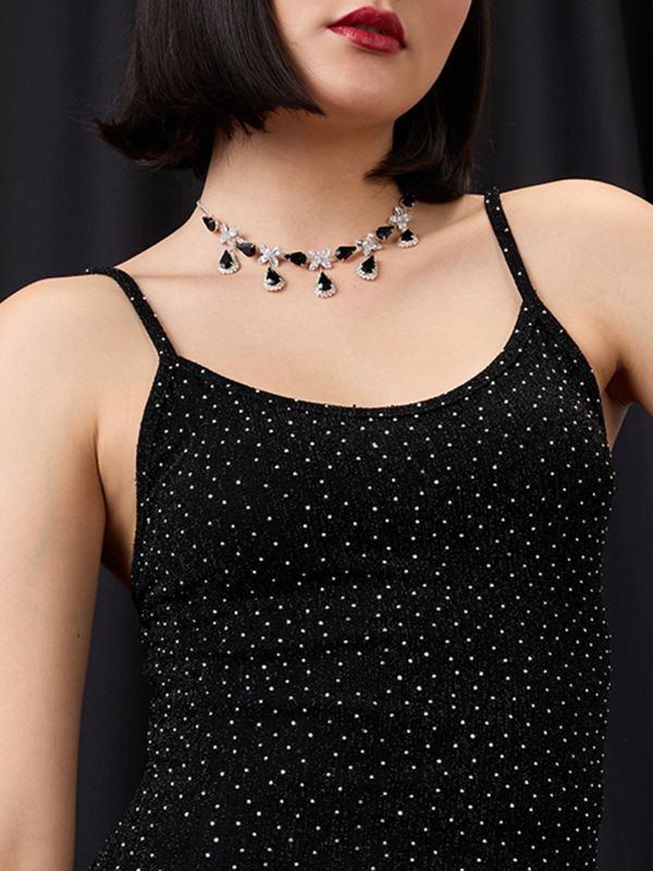 Globus Women Black Scoop Neck Strappy Shoulder Rhinestone Embellished Midi Bodycon Party Dress
