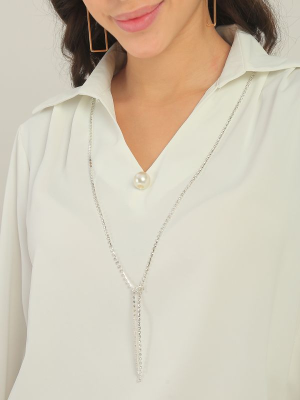 Globus Women White Collared Neck Cuffed Sleeves Pearl Details Party Shirt Style Top