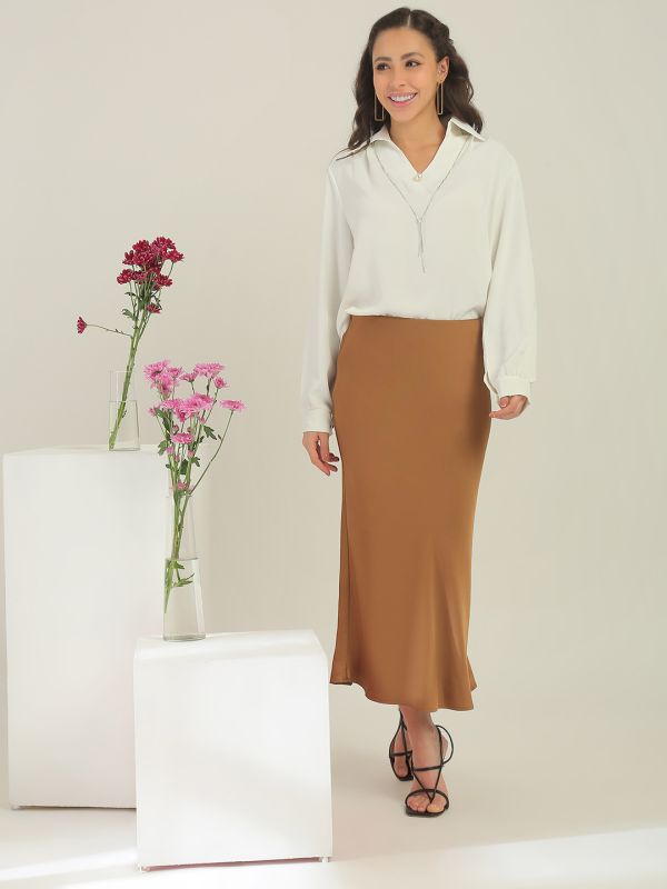 Globus Women White Collared Neck Cuffed Sleeves Pearl Details Party Shirt Style Top