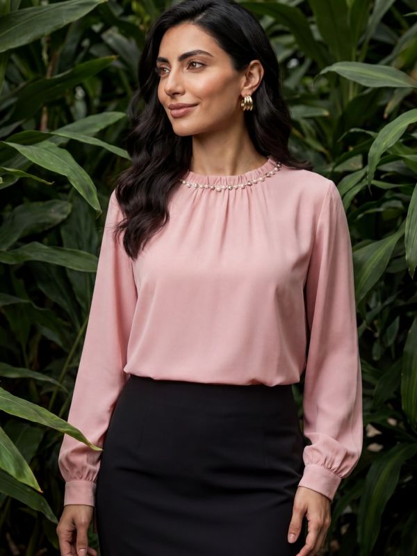 Globus Women Pink Cuffed Sleeves Ruffle Round Neck Peral Detailing Party Top