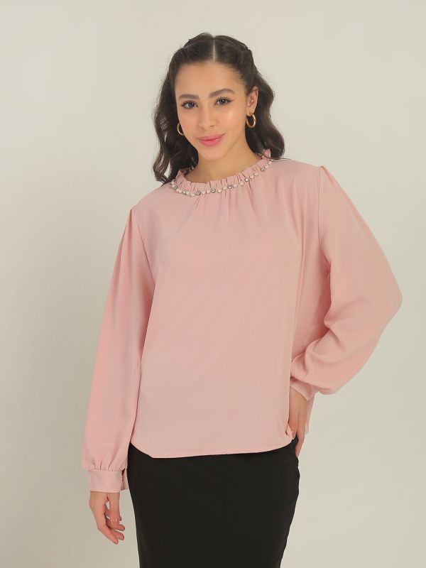 Globus Women Pink Cuffed Sleeves Ruffle Round Neck Peral Detailing Party Top