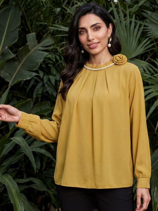 Globus Women Yellow Cuffed Sleeves Round Neck Pearl Chain Detail Floral Applique Pleated Party Top