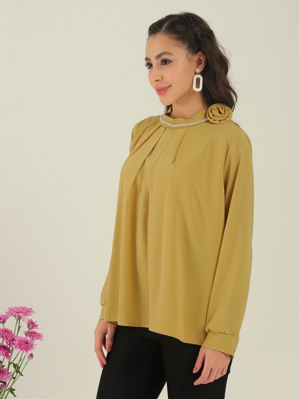 Globus Women Yellow Cuffed Sleeves Round Neck Pearl Chain Detail Floral Applique Pleated Party Top
