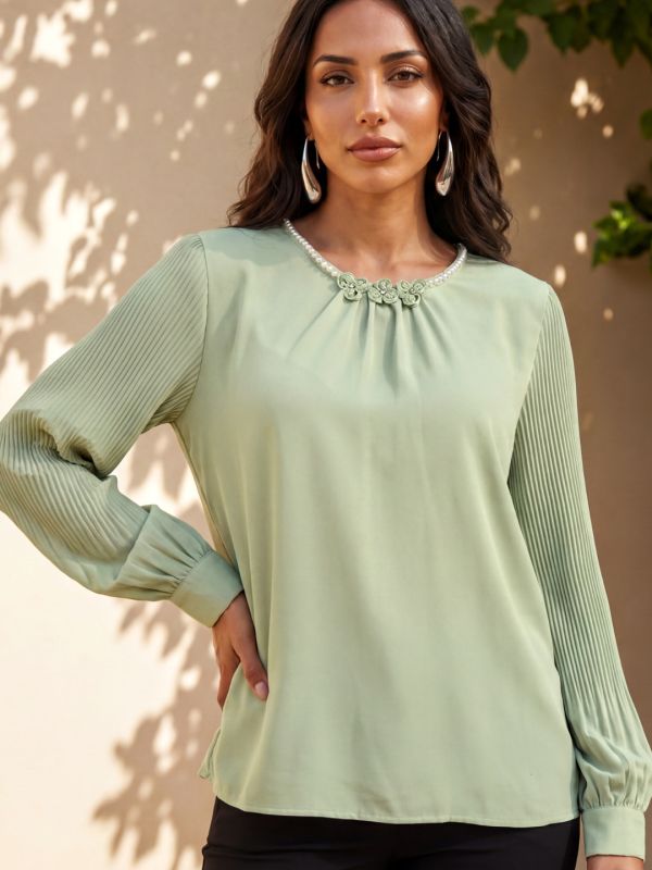 Globus Women Green Round Neck Pearl & Embellished Detail Accordion Pleated Cuffed Sleeves Party Top