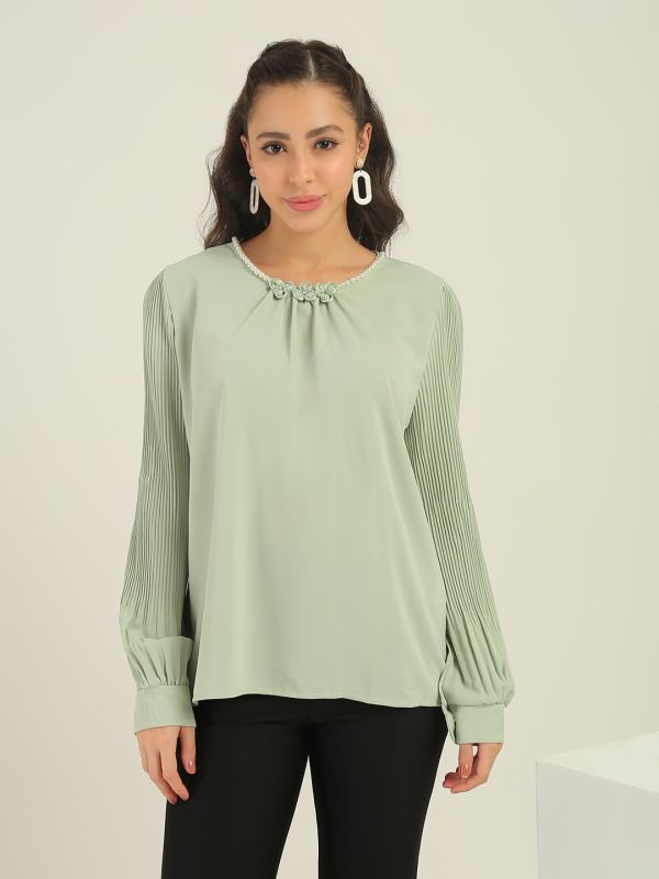 Globus Women Green Round Neck Pearl & Embellished Detail Accordion Pleated Cuffed Sleeves Party Top