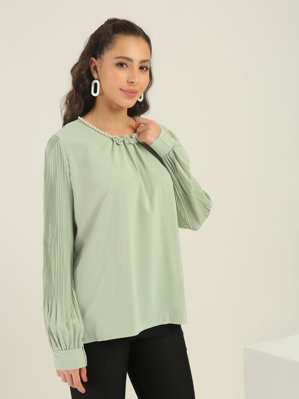 Globus Women Green Round Neck Pearl & Embellished Detail Accordion Pleated Cuffed Sleeves Party Top