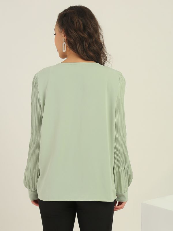 Globus Women Green Round Neck Pearl & Embellished Detail Accordion Pleated Cuffed Sleeves Party Top