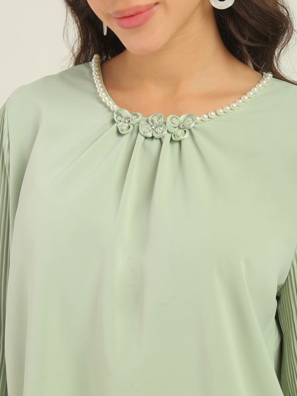 Globus Women Green Round Neck Pearl & Embellished Detail Accordion Pleated Cuffed Sleeves Party Top