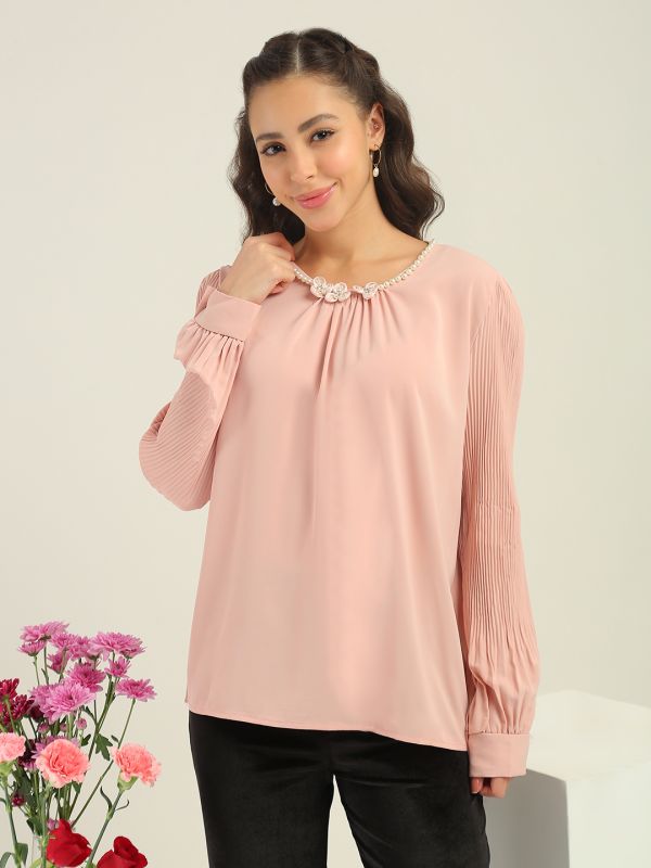 Globus Women Pink Round Neck Pearl & Embellished Detail Accordion Pleated Cuffed Sleeves Party Top