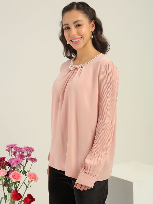Globus Women Pink Round Neck Pearl & Embellished Detail Accordion Pleated Cuffed Sleeves Party Top