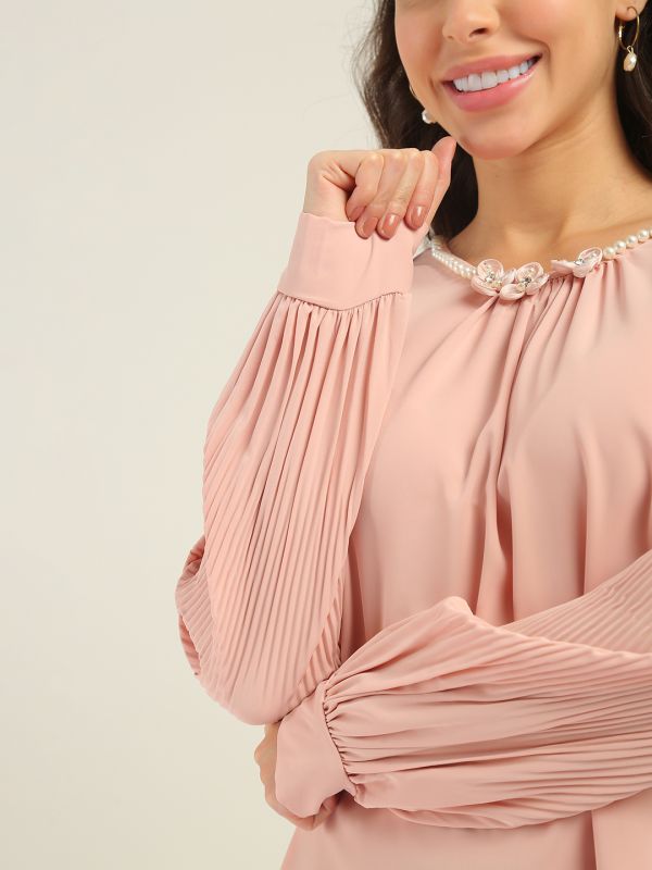 Globus Women Pink Round Neck Pearl & Embellished Detail Accordion Pleated Cuffed Sleeves Party Top
